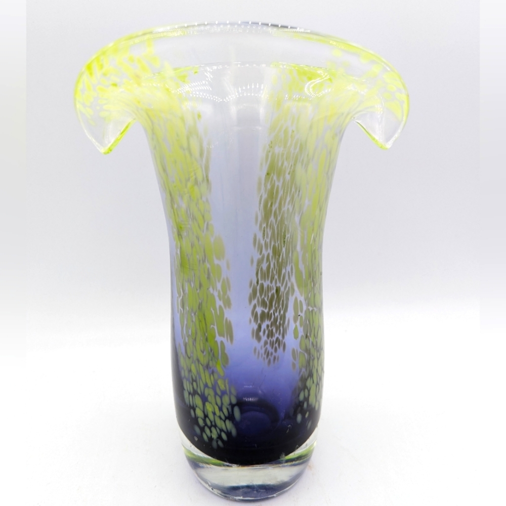 Vintage Teleflora Art Glass Tulip Vase Flared Lime Green Cobalt Blue Hand Blown